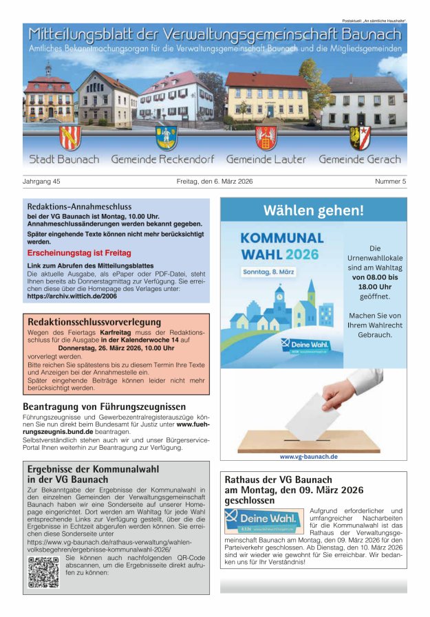 Mitteilungsblatt Verwaltungsgemeinschaft Baunach Titelblatt 05/2026