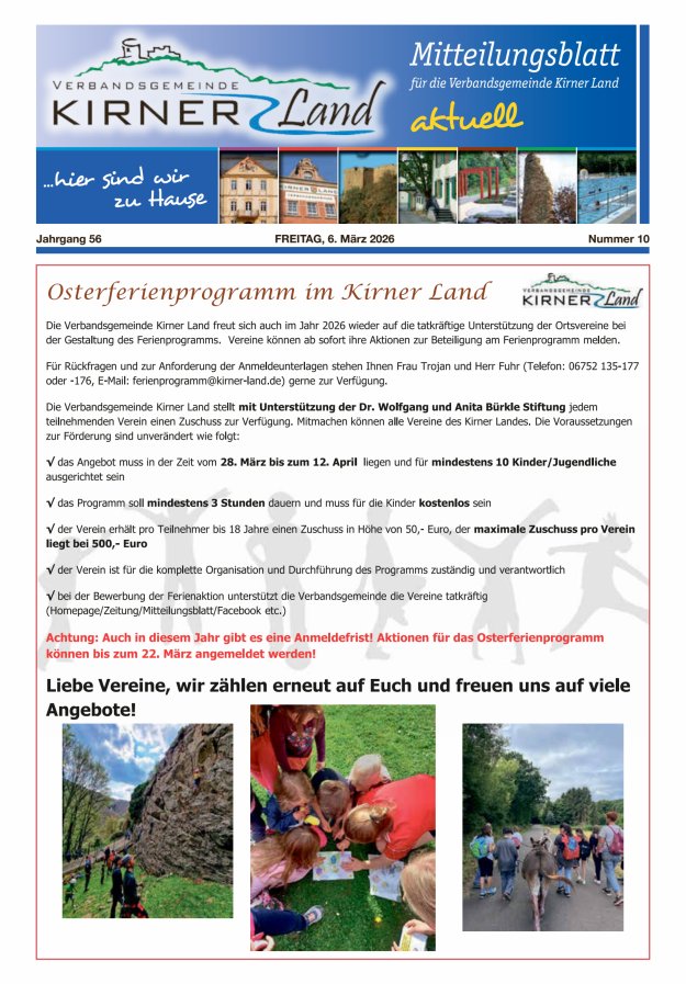 Mitteilungsblatt für den Bereich der Verbandsgemeinde Kirner Land Titelblatt 10/2026