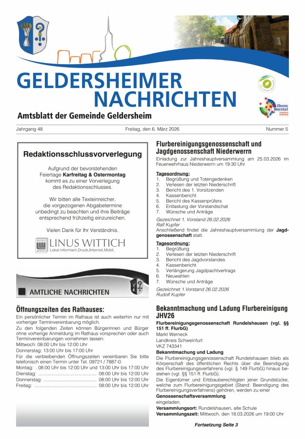 Geldersheimer Nachrichten Amtsblatt der Gemeinde Geldersheim Titelblatt 05/2026