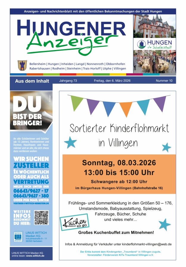 Anzeigen- und Nachrichtenblatt mit den öff  Bekanntmachungen der Stadt Hungen Titelblatt 10/2026