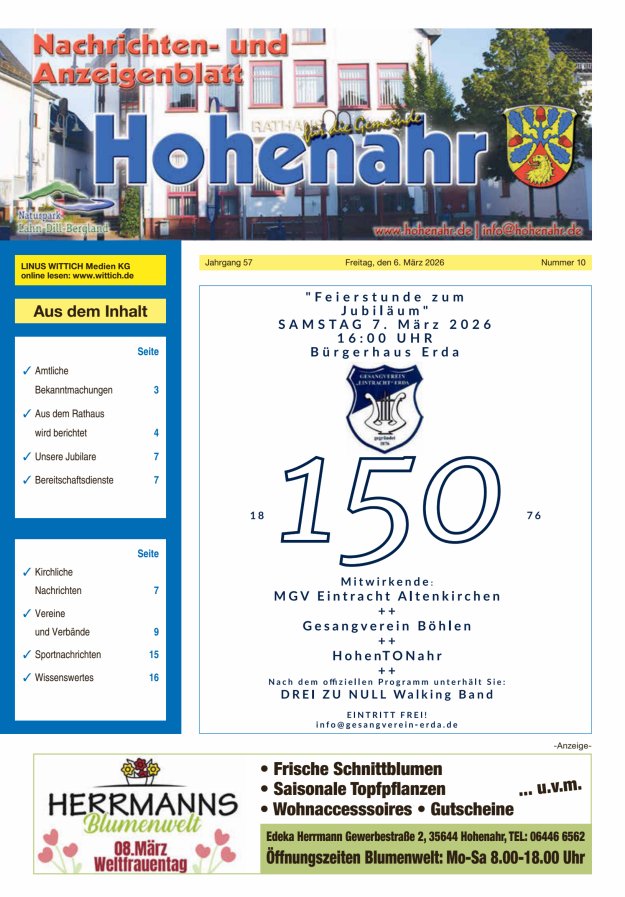 Nachrichten- und Anzeigenblatt für die Gemeinde Hohenahr Titelblatt 10/2026