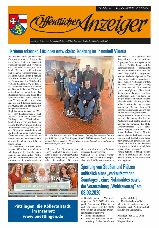 Öffentlicher Anzeiger - Stadt Püttlingen Titelblatt 10/2026