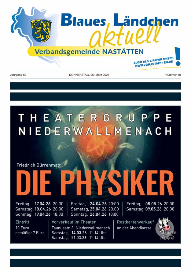 Blaues Ländchen aktuell - Heimat- u Bürgerzeitung VG Nastätten Titelblatt 10/2026