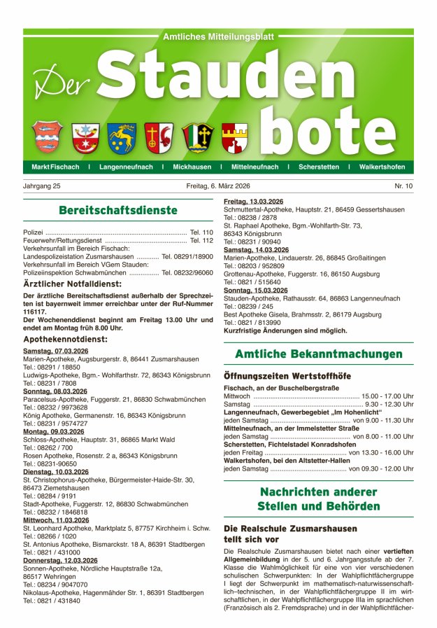 Staudenbote Amtliches Mitteilungsblatt Titelblatt 10/2026
