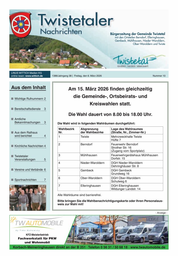 Twistetaler Nachrichten Titelblatt 10/2026