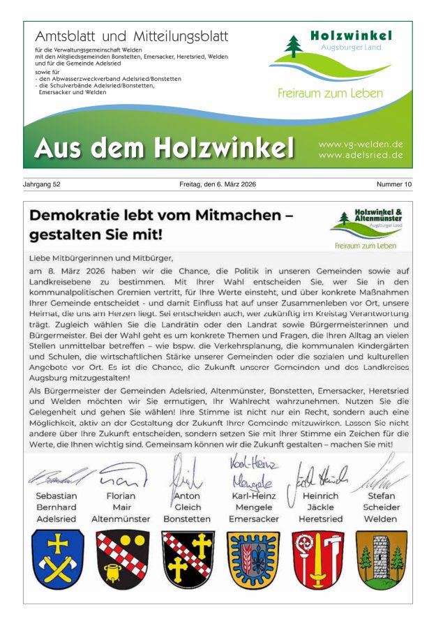 Aus dem Holzwinkel Amtsblatt u Mitteilungsblatt f VG Welden u GemAdelsried Titelblatt 10/2026