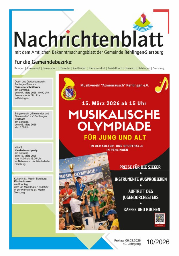 Nachrichtenblatt Rehlingen-Siersburg Titelblatt 10/2026