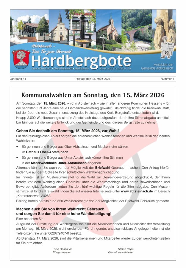 Hardbergbote - Mitteilungsblatt der Gemeinde Abtsteinach Titelblatt 11/2026