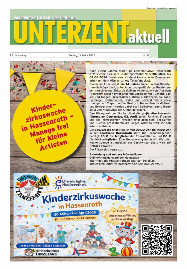 Unterzent aktuell Wochenzeitung für Höchst und Lützelbach Titelblatt 11/2026