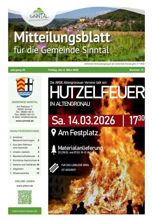 Mitteilungsblatt für die Gemeinde Sinntal Titelblatt 10/2026