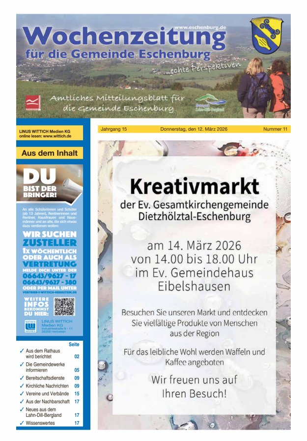 Wochenzeitung für die Gemeinde Eschenburg Titelblatt 11/2026