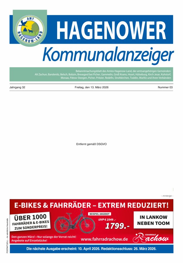 Hagenower Kommunalanzeiger Titelblatt 03/2026