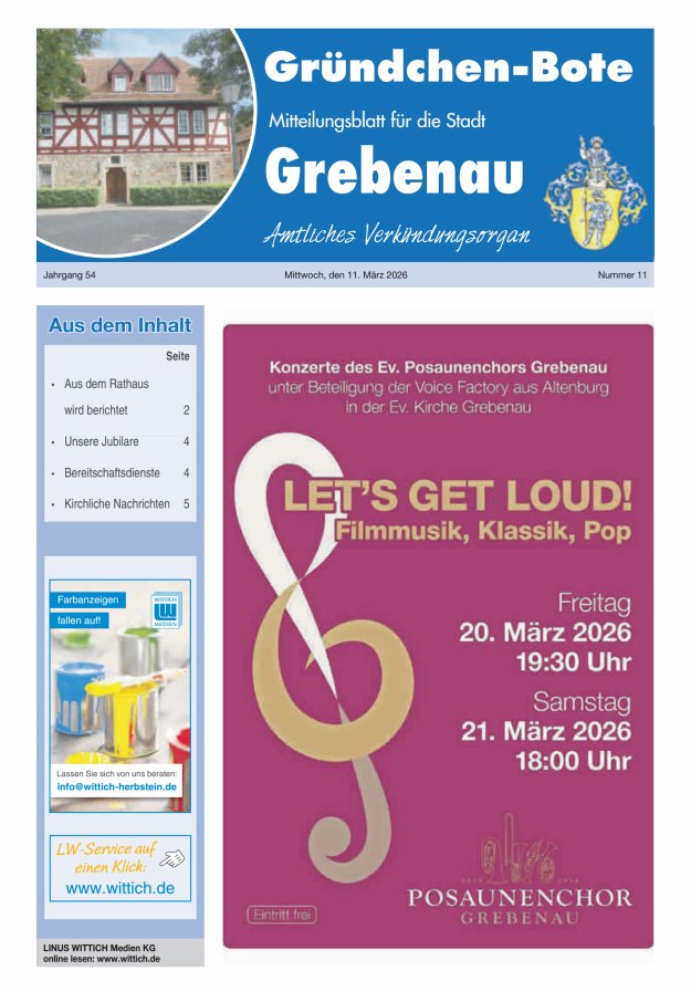 Grebenau - Gründchen Bote - Mitteilungsblatt für die Stadt Grebenau Titelblatt 11/2026