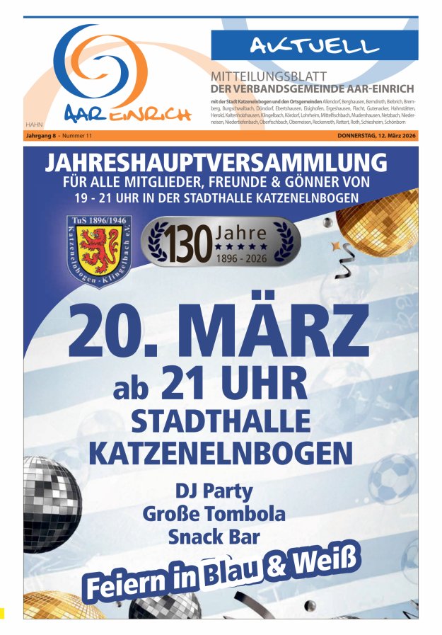 Mitteilungsblatt der Verbandsgemeinde Aar-Einrich Ausgabe Hahnstätten Titelblatt 11/2026