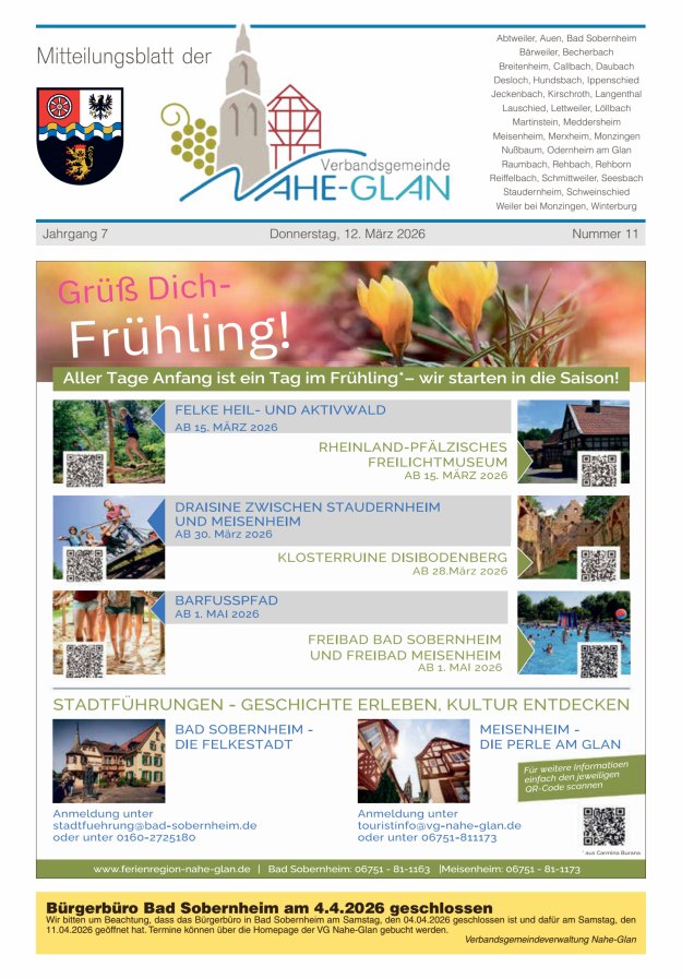 Mitteilungsblatt für die Verbandsgemeinde Nahe-Glan Titelblatt 11/2026