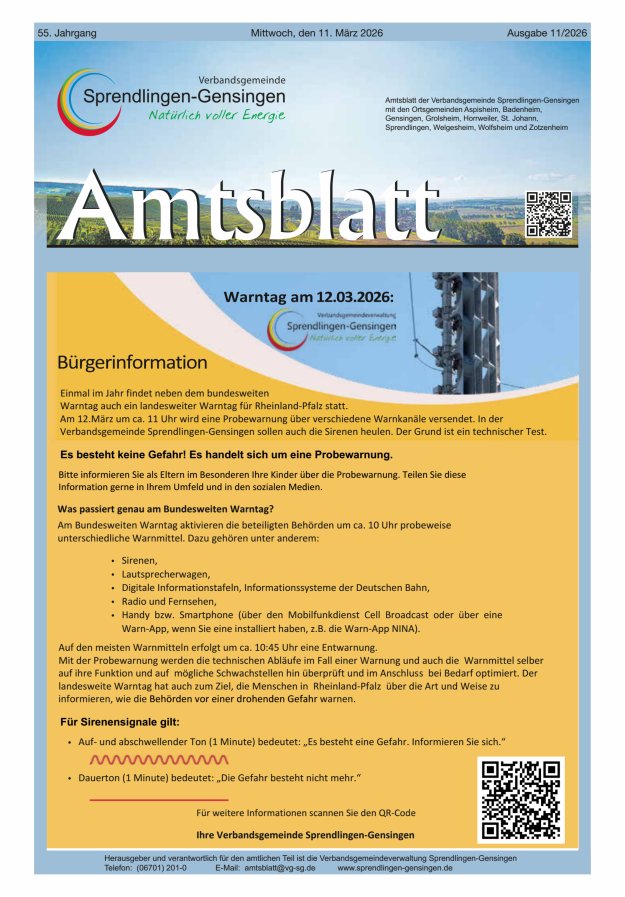 Amtsblatt VG Sprendlingen-Gensingen Titelblatt 11/2026
