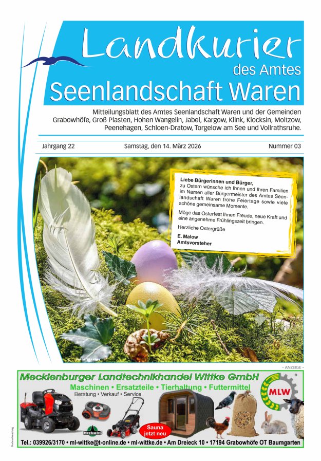 Landkurier des Amtes Seenlandschaft Waren Titelblatt 03/2026