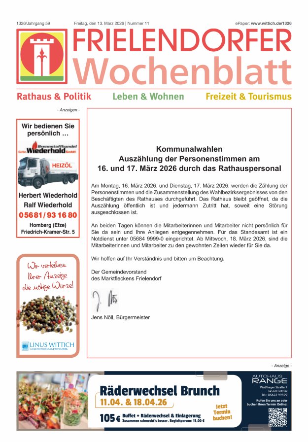 Frielendorfer Wochenblatt Titelblatt 11/2026
