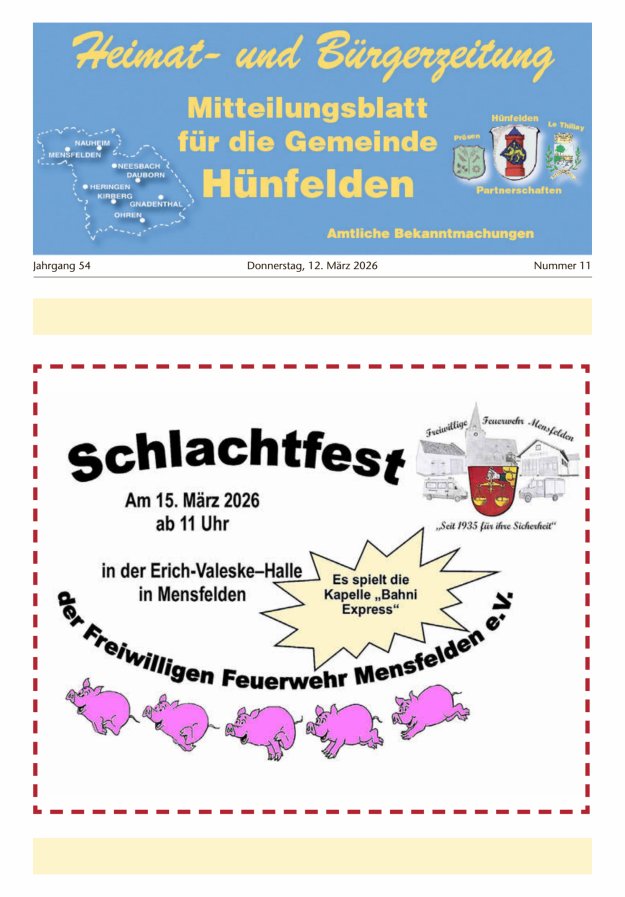 Mitteilungsblatt für die Gemeinde Hünfelden Titelblatt 11/2026