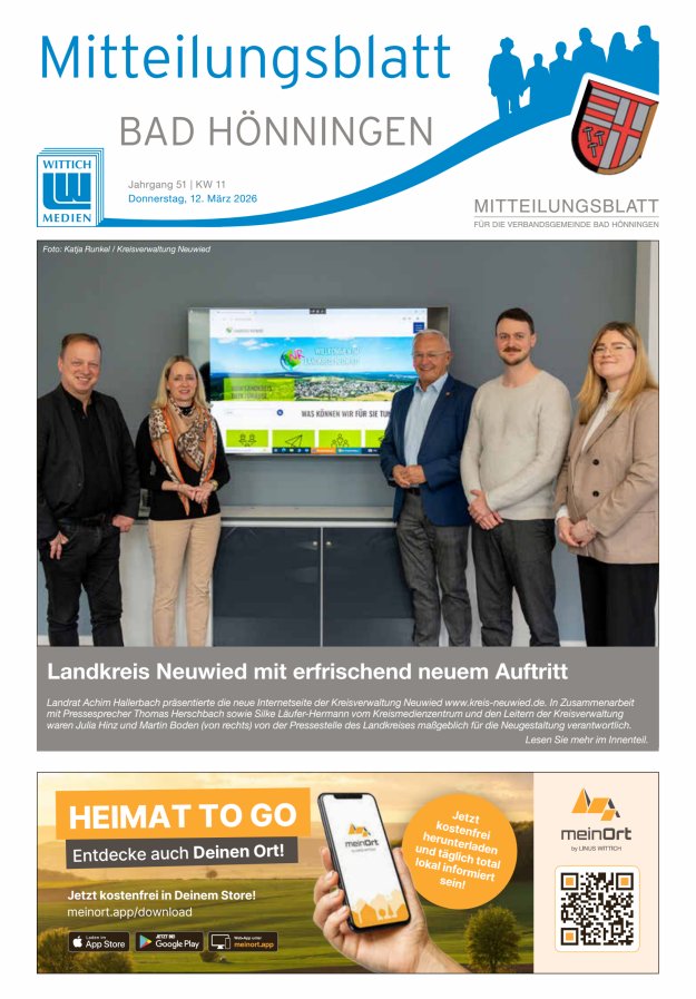 Mitteilungsblatt für den Bereich der Verbandsgemeinde Bad Hönningen Titelblatt 11/2026