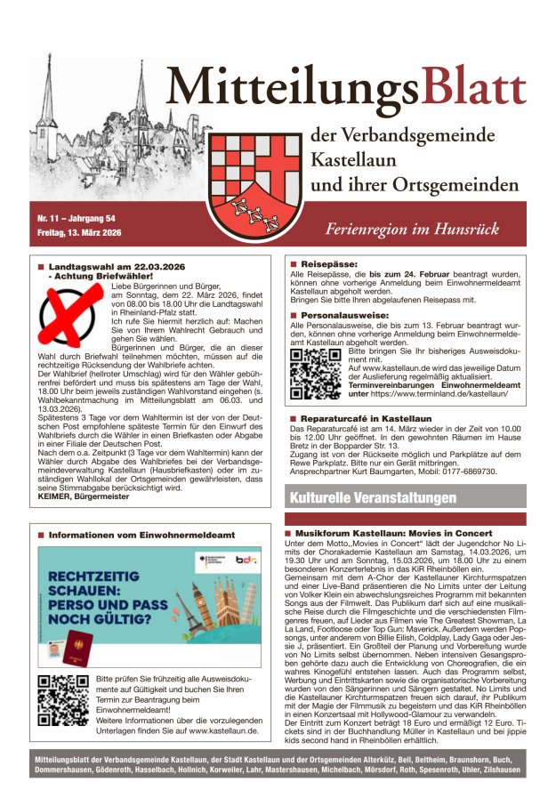 Mitteilungsblatt Kastellaun Titelblatt 11/2026