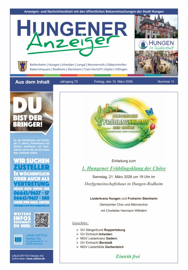 Anzeigen- und Nachrichtenblatt mit den öff  Bekanntmachungen der Stadt Hungen Titelblatt 11/2026