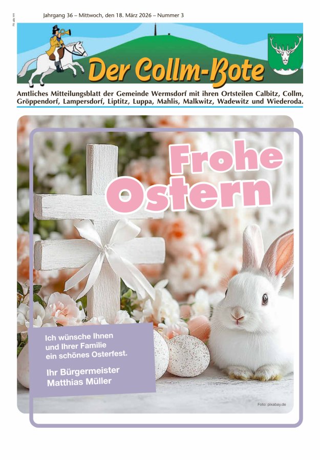 Collm-Bote – Amtliches Mitteilungsblatt der Gemeinde Wermsdorf mit ihren Ortsteilen Titelblatt 03/2026