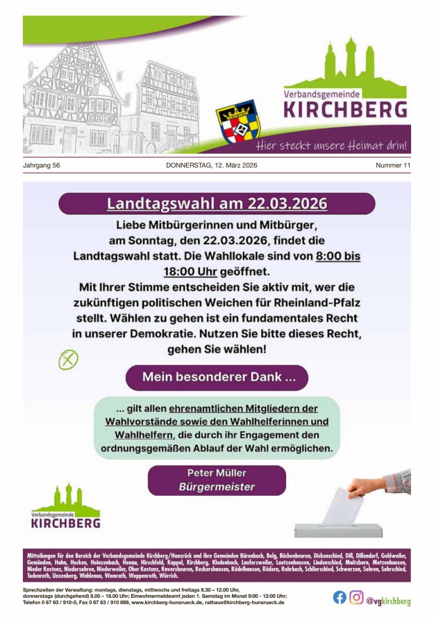 Mitteilungen der Verbandsgemeinde Kirchberg Hunsrück Titelblatt 11/2026