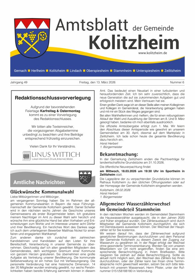 Amtsblatt der Gemeinde Kolitzheim Titelblatt 06/2026