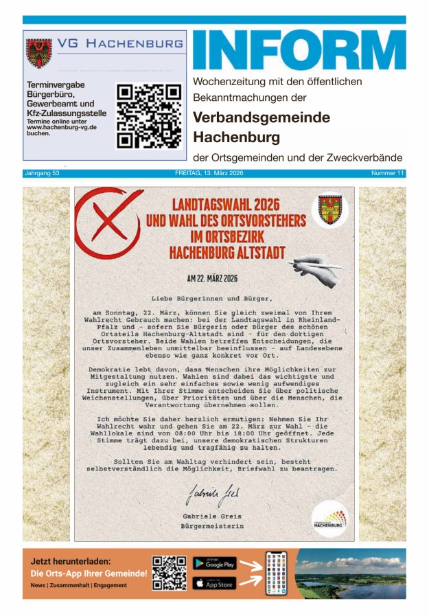 INFORM - Wochenzeitung der Verbandsgemeinde Hachenburg Titelblatt 11/2026