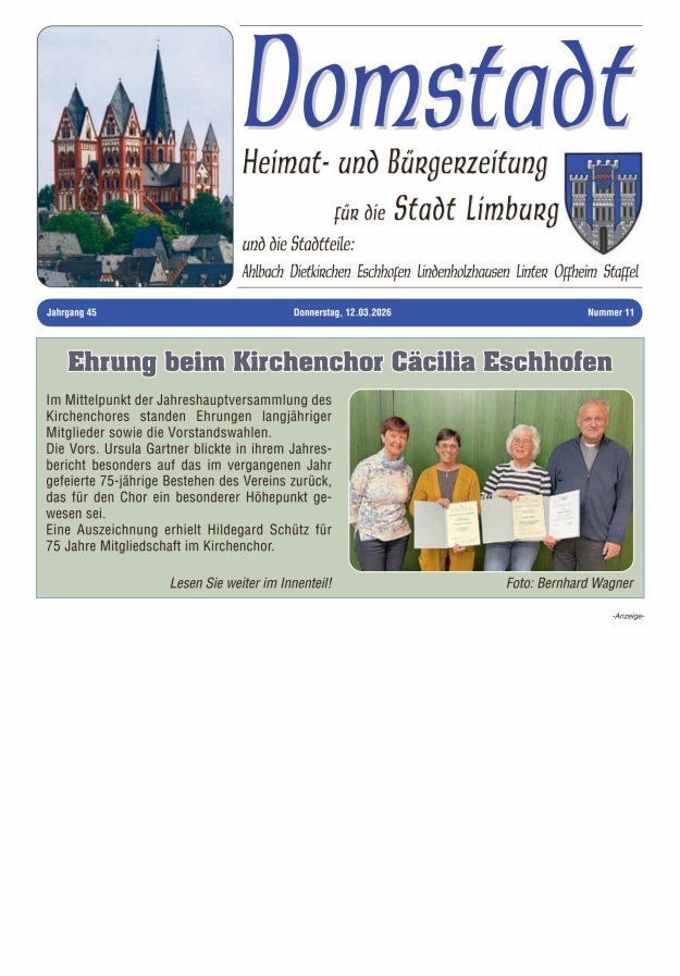 Domstadt - Heimat- und Bürgerzeitung für die Stadt Limburg Titelblatt 11/2026