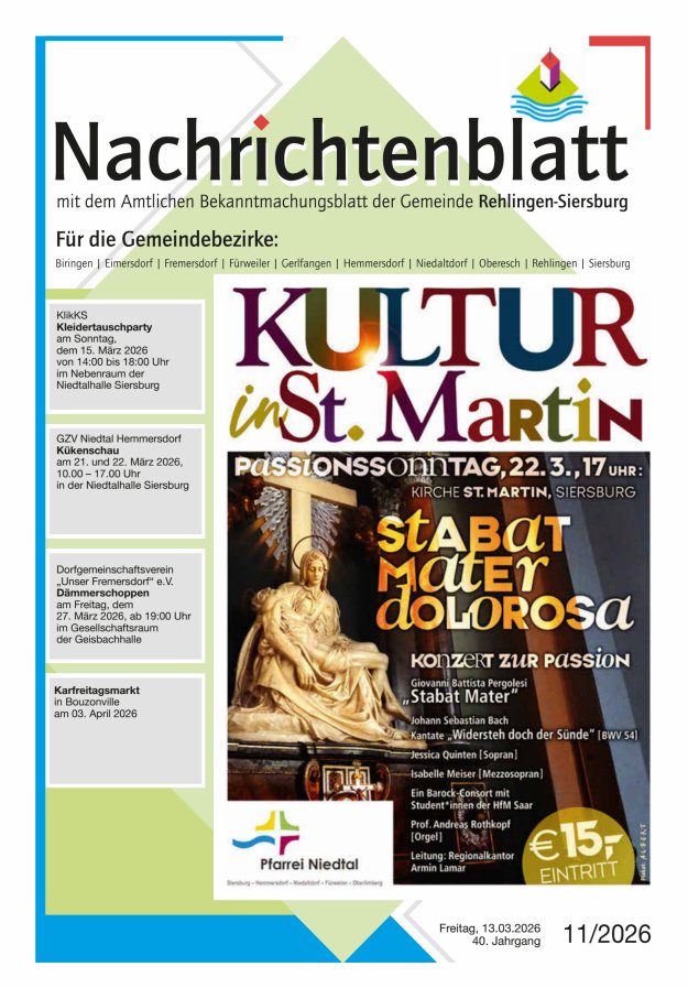 Nachrichtenblatt Rehlingen-Siersburg Titelblatt 11/2026