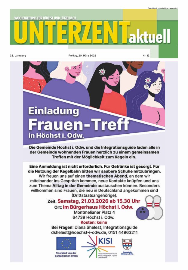 Unterzent aktuell Wochenzeitung für Höchst und Lützelbach Titelblatt 12/2026