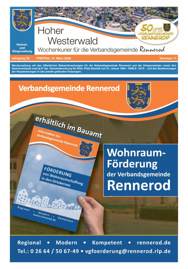 Hoher Westerwald - Wochenkurier für die Verbandsgemeinde Rennerod Titelblatt 11/2026