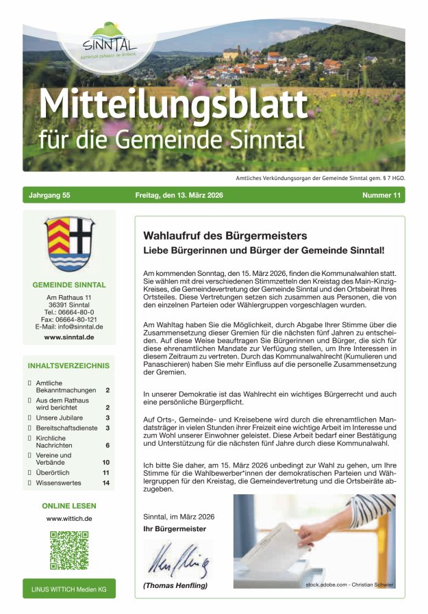 Mitteilungsblatt für die Gemeinde Sinntal Titelblatt 11/2026