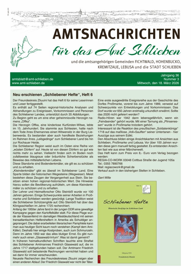 Amtsnachrichten – Amtsblatt für das Amt Schlieben und die amtsangehörigen Gemeinden Titelblatt 03/2026