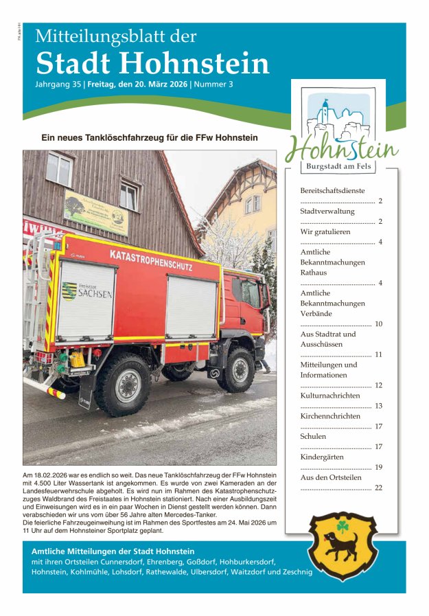 Mitteilungsblatt der Stadt Hohnstein Titelblatt 03/2026