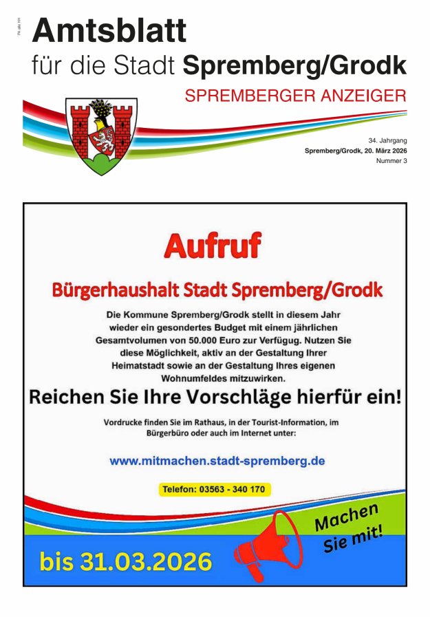 Amtsblatt für die Stadt Spremberg/Grodk – Spremberger Anzeiger Titelblatt 03/2026