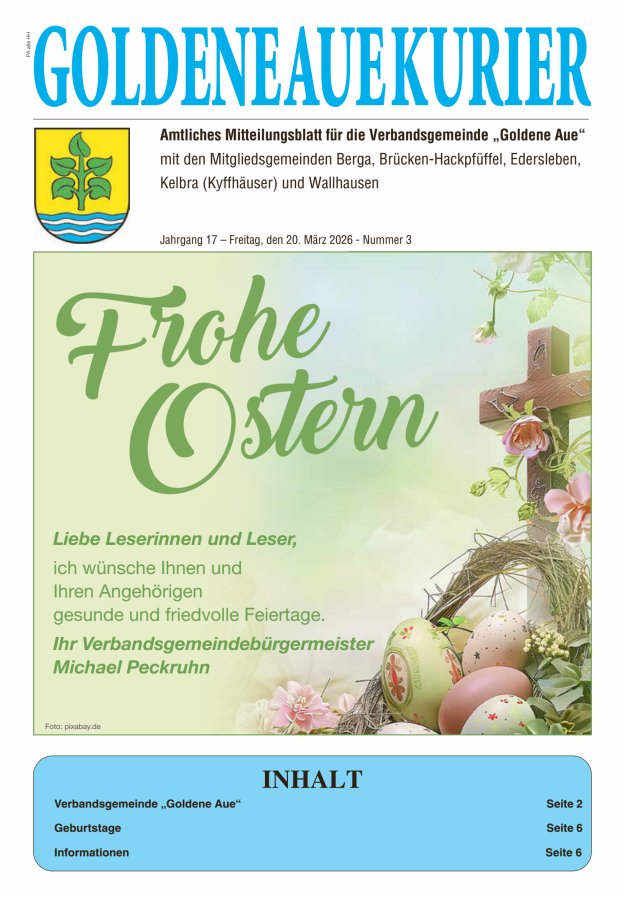 Goldene Aue Kurier – Amtliches Mitteilungsblatt für die Verbandsgemeinde "Goldene Aue" Titelblatt 03/2026