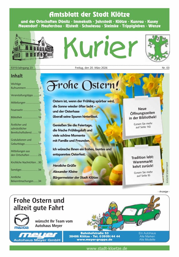 Stadt Klötze Kurier Titelblatt 03/2026