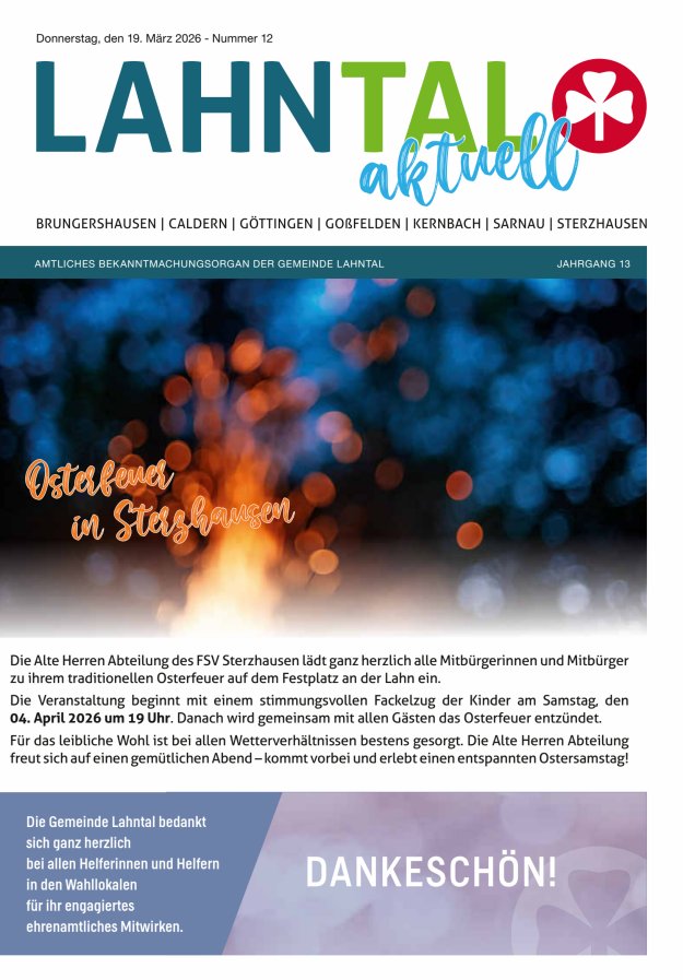 Amtliches Bekanntmachungsorgan der Gemeinde Lahntal Titelblatt 12/2026