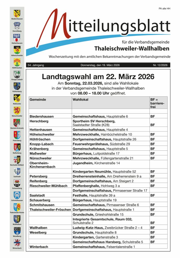 Mitteilungsblatt VG Thaleischweiler-Wallhalben Titelblatt 12/2026