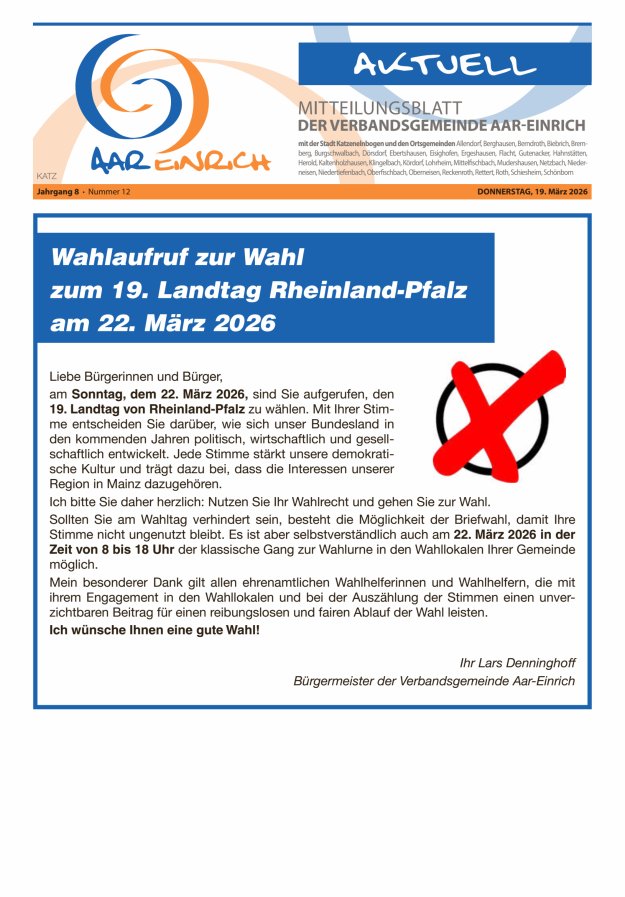 Mitteilungsblatt der Verbandsgemeinde Aar-Einrich Ausgabe Katzenelnbogen Titelblatt 11/2026