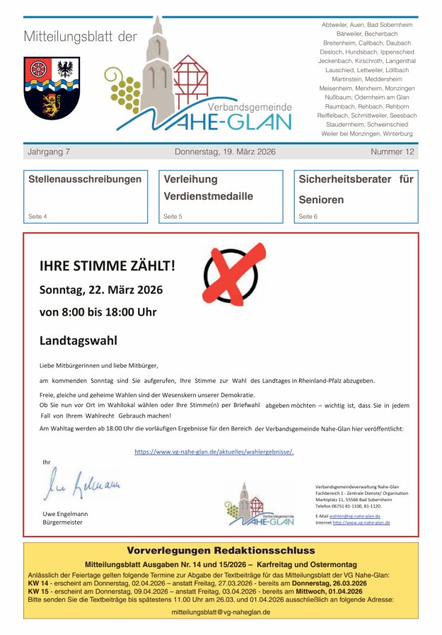 Mitteilungsblatt für die Verbandsgemeinde Nahe-Glan Titelblatt 12/2026