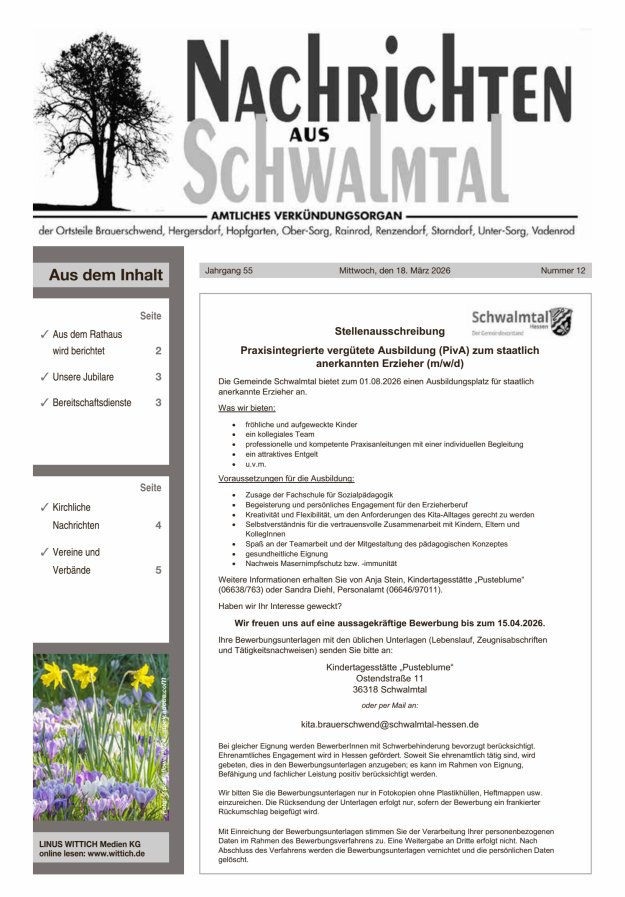 Nachrichten aus Schwalmtal Titelblatt 12/2026