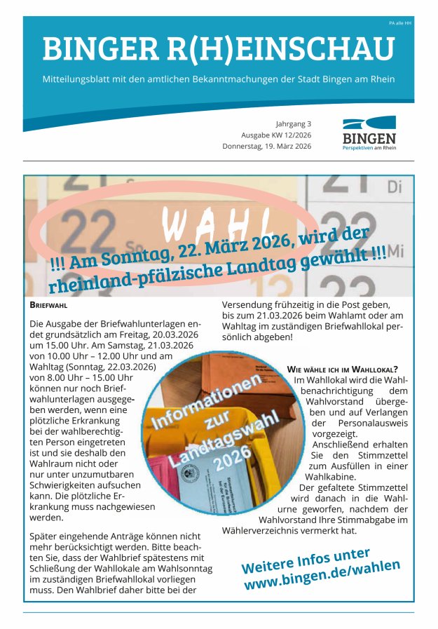 Binger R(h)einschau - Mitteilungsblatt mit den Amtlichen Bekanntmachungen der Stadt Bingen Titelblatt 12/2026