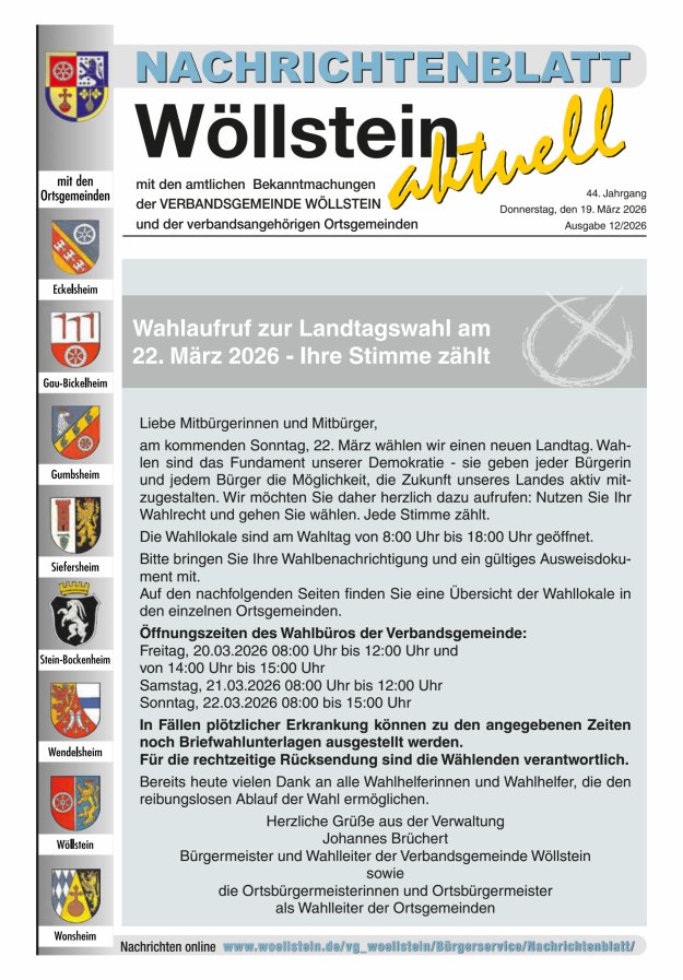 Nachrichtenblatt Wöllstein aktuell Titelblatt 12/2026