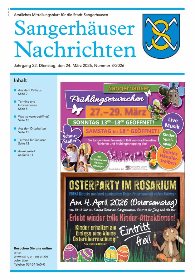 Sangerhäuser Nachrichten – Amtliches Mitteilungsblatt für die Stadt Sangerhausen Titelblatt 03/2026