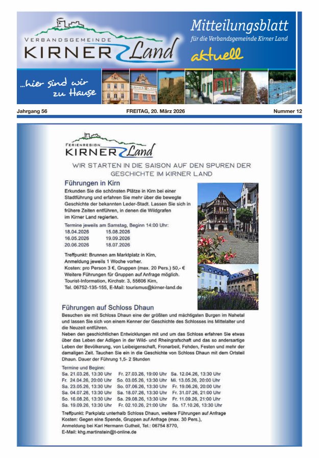 Mitteilungsblatt für den Bereich der Verbandsgemeinde Kirner Land Titelblatt 12/2026