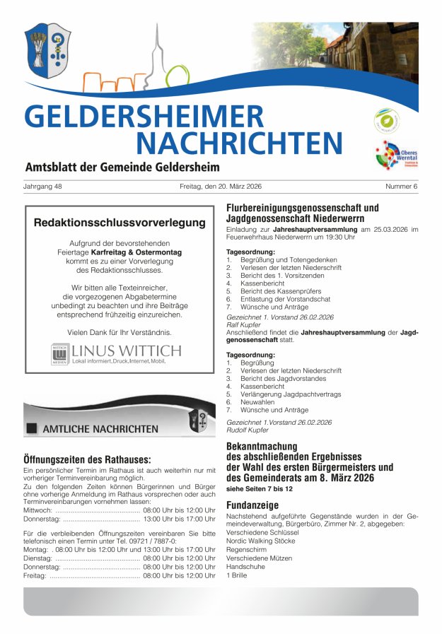 Geldersheimer Nachrichten Amtsblatt der Gemeinde Geldersheim Titelblatt 06/2026